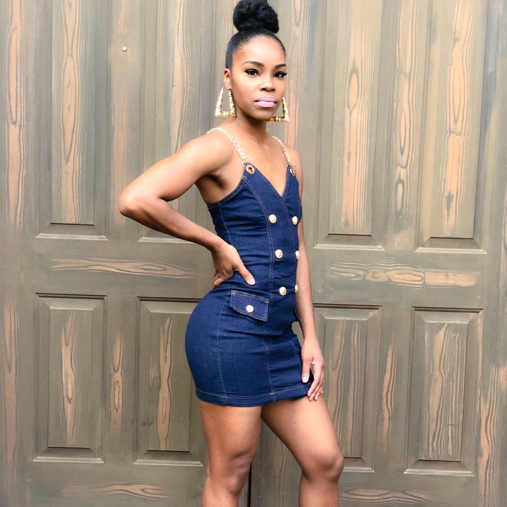 Denim Gold Chain Bodycon Dress - Picture 3 of 5